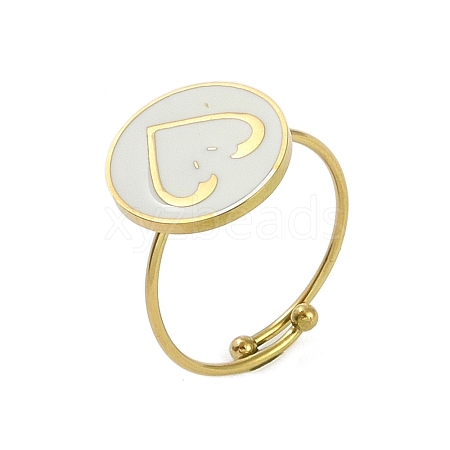 Flat Round with Heart 304 Stainless Steel Enamel Ring RJEW-A038-05G-1