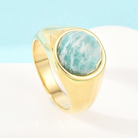 304 Stainless Steel Natural Amazonite Finger Rings RJEW-F203-02G-03-1