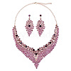 Flower Zinc Alloy Rhinestone Chain Necklaces & Stud Dangle Earrings Sets WG08719-01-5