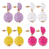 FIBLOOM 4 Pairs 4 Colors Raffia Grass Braided Round Dangle Stud Earrings with Iron Pins for Women EJEW-FI0002-27-1