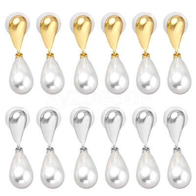 6 Pairs 2 Colors Resin Imitation Pearl Dangle Stud Earrings EJEW-GO0003-19-1