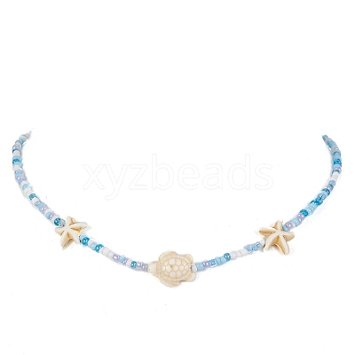 Synthetic Turquoise Starfish & Turtle & Seed Beaded Necklace for Women NJEW-JN04482-02-1