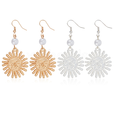 2 Pairs 2 Colors Alloy Sun with Smiling Face Dangle Earrings with Plastic Pearl Beaded EJEW-AN0001-82-1