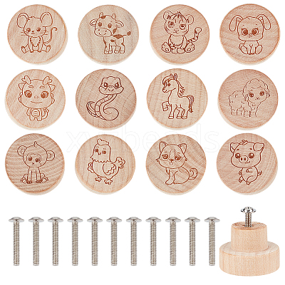 24Pcs 12 Styles Chinese Zodiac Wooden Drawer Knobs WOOD-OC0004-02-1