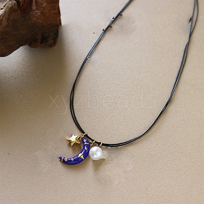Brass Enamel Blue Crescent Moon Pendant Black Imitation Leather Cord 2-Strand Necklaces for Women WG612AC-01-1
