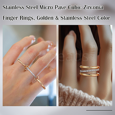 2Pcs Stainless Steel Micro Pave Cubic Zirconia Finger Rings RJEW-UN0003-10B-1