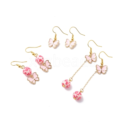 3 Pairs 3 Style Pink Alloy Enamel Charms & Resin Beads Dangle Earrings EJEW-JE05030-01-1