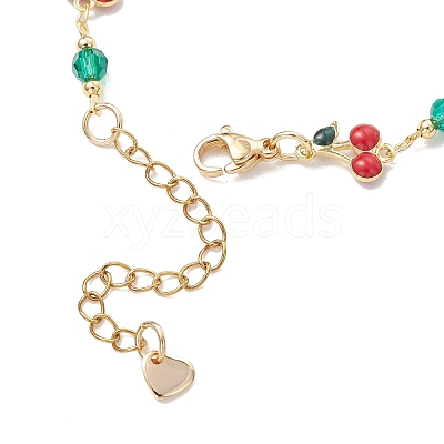 Brass Enamel with Green Glass Red Cherry Link Anklets for Women AJEW-AN00772-1