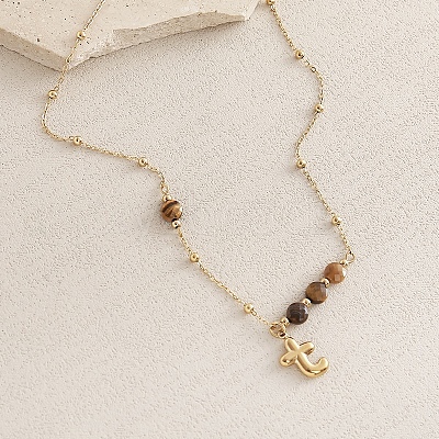 European Faceted Natural Tiger Eye 304 Stainless Steel Alphabet Pendant Necklaces QN9691-20-1