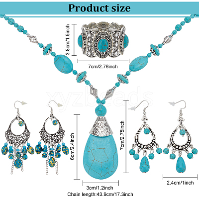 2 Sets 2 Style Synthetic Turquoise Teardrop Lariat Necklace & Chandelier & Oval Beaded Stretch Bracelet SJEW-AN0001-02-1