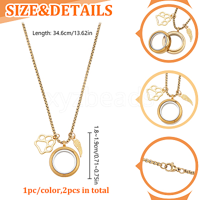 2Pcs 2 Colors Alloy Wing Paw Print & 304 Stainless Steel Flat Round Locket Pendant Necklaces NJEW-DR00017-1