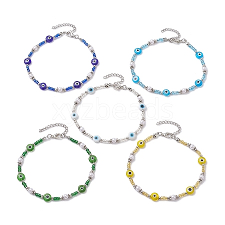 Handmade Evil Eye Lampwork & Glass Seed Beaded Anklets AJEW-AN00573-1