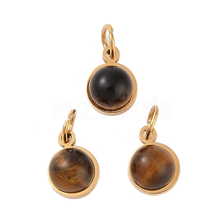 Ion Plating(IP) Natural Tiger Eye Half Round Charms with Jump Ring STAS-A097-05G-05-1