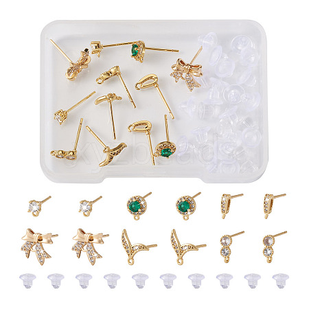 12Pcs 6 Style Brass Micro Pave Cubic Zirconia Stud Earring Findings KK-FW0001-10-1