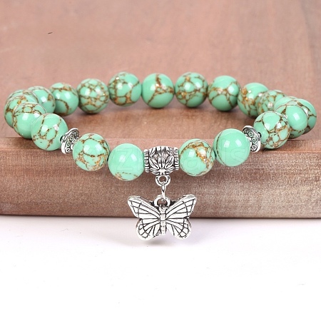 8MM Round Dyed Synthetic Turquoise Beaded Stretch Bracelets with Alloy Butterfly Charms FQ7211-15-1