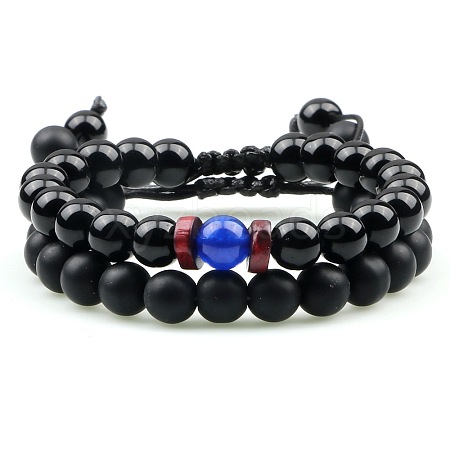 Ethnic Style Frosted Round Natural Obsidian & Natural Agate Braided Beaded Bracelets Sets for Women Men WD6221-3-1
