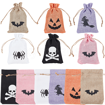 BENECREAT 24Pcs 6 Colors  Halloween Burlap Packing Pouches Drawstring Bags ABAG-BC0001-49-1