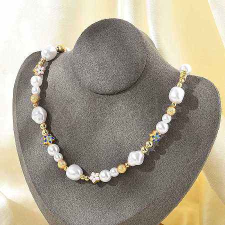 Brass & ABS Plastic Pearl Beaded Necklaces NJEW-Z059-08G-1