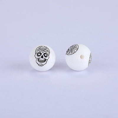 Printed Round with Skull Pattern Silicone Focal Beads SI-JX0056A-196-1