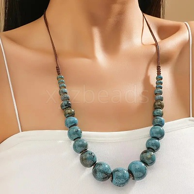 Ethnic Style Porcelain Round Graduated Beaded Waxed Cord Necklaces for Women FS-WG62C5E-06-1