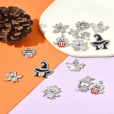 14Pcs 7 Styles Halloween Theme Rack Plating Luminous Alloy Enamel Pendants ENAM-FS0002-10P-1