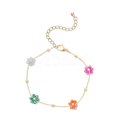 Brass Glass Flower Link Bracelets for Women BJEW-JB12383-1