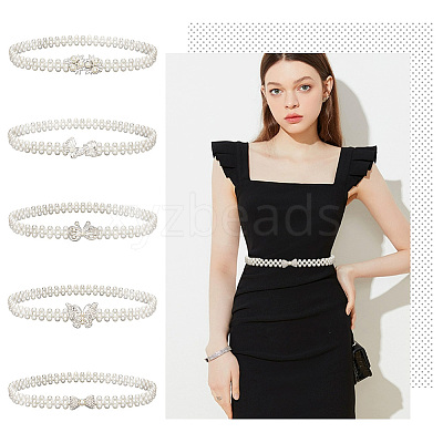 5Pcs 5 Style Acrylic Pearl Braided Stretch Chain Belt with Alloy Clasp AJEW-GA0004-49-1