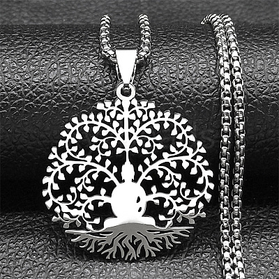 201 Stainless Steel Buddha Yoga Tree of Life Pendant Necklaces NJEW-S440-11P-1