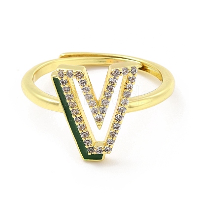 Mixed Color Enamel Initial Letter Adjustable Ring with Clear Cubic Zirconia RJEW-P045-01G-V-1