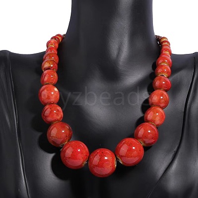 Ethnic Style Porcelain Round Graduated Beaded Waxed Cord Necklaces for Women FS-WG62C5E-01-1