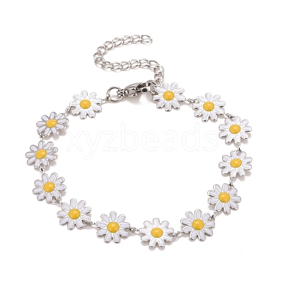Enamel Daisy Link Chains Bracelet BJEW-P271-01P-01-1