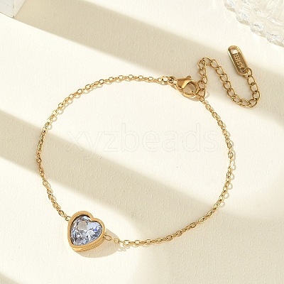 304 Stainless Steel Pave Clear Cubic Zirconia Heart Link Bracelets SA-CBA5F76-05G-1