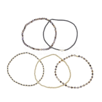 5Pcs 5 Styles Natural Rainbow Moonstone & Iolite & Non-magnetic Synthetic Hematite Beads Bracelets BJEW-JB13090-1