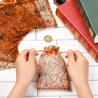Halloween Theme Spider Printed Organza Drawstring Bags ABAG-WH20021-006C-1