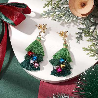 Polycotton Tassels Christmas Tree & Bell Stud Dangle Earring EJEW-JE06076-1