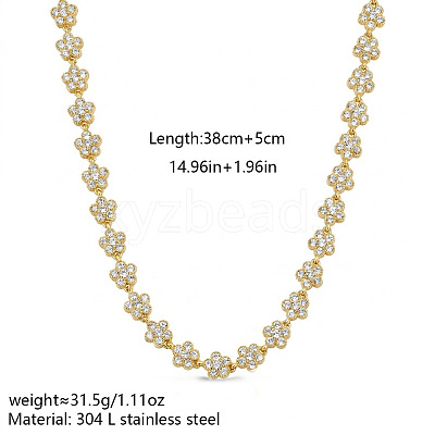 304 Stainless Steel Pave Clear Cubic Zirconia 5-Petal Flower Link Chain Necklaces for Women WG9E91A-01-1