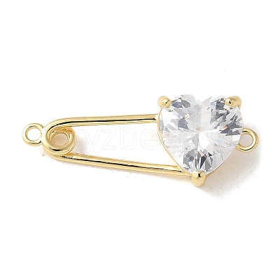 Brass Cubic Zirconia Heart Safety Pin Connector Charms KK-Q031-45G-01-1