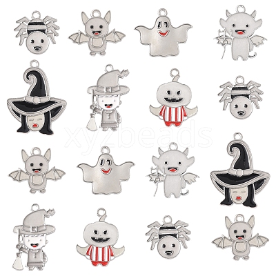 14Pcs 7 Styles Halloween Theme Rack Plating Luminous Alloy Enamel Pendants ENAM-FS0002-10P-1