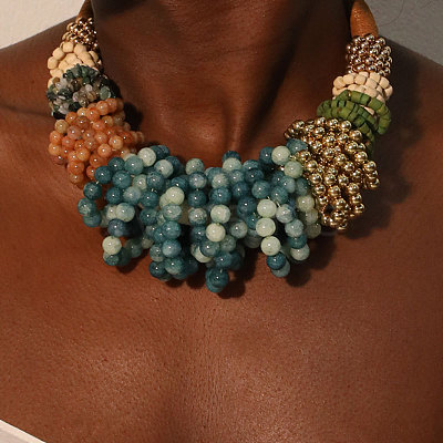 Bohemian Style Round Gemstone & Glass & Wood & CCB Plasitc Beaded Bib Necklaces FS-WGADB81-01-1