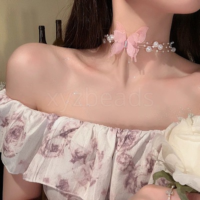 Butterfly Gauze Crystal Rhinestone with Plastic Pearl Choker Necklaces FS-WG41A31-06-1