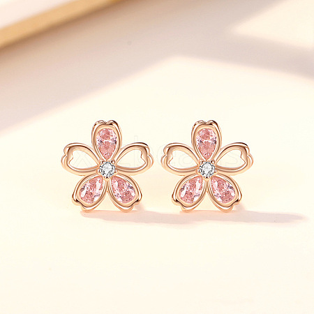 Sakura Flower 925 Sterling Silver Cubic Zirconia Stud Earrings FS-WGCE9CB-02-1