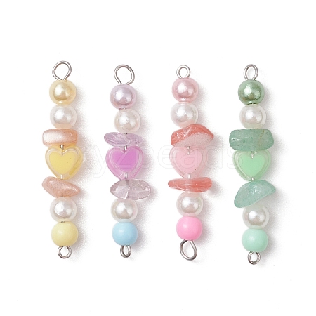 4Pcs 4 Colors Acrylic Pearl & Natural Green Aventurine & Natural Sunstone & Cherry Quartz Glass & Natural Ametrine Gemstone Chip Heart Connector Charms PALLOY-JF03340-02-1