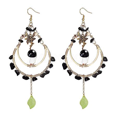 Natural Obsidian Chips Beaded Big Teardrop Dangle Earrings EJEW-SW00016-02-1