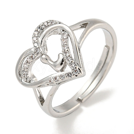 Heart with Letter Rack Plating Brass Micro Pave Clear Cubic Zirconia Adjustable Rings for Women RJEW-I105-01P-L-1