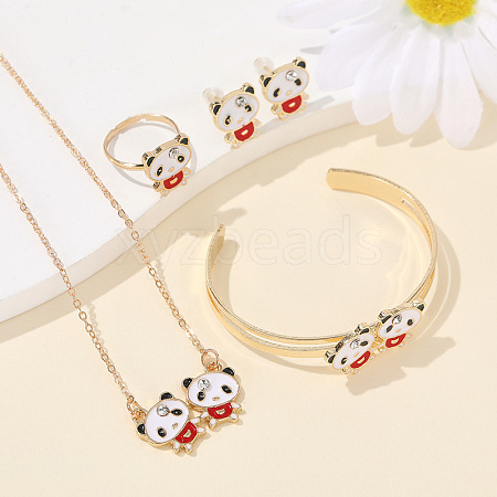 Panda Alloy Enamel & Rhinestones Stud Earring & Pendant Necklaces & Cuff Bangles & Rings Sets for Women FS-WGAF002-05-1