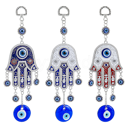 DICOSMETIC 3Pcs 3 Cololrs Bohemian Tribal Metal Pendant with Devil's Eye Design Hand Keychain KEYC-DC0021-28-1