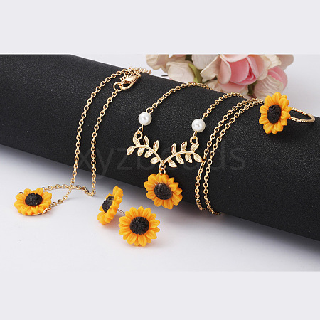 Sunflower Iron Resin Pendant Necklaces & Link Bracelets & Stud Earrings & Finger Ring Sets WGABE86-03-1