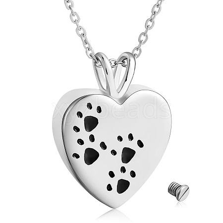 316L Surgical Stainless Steel Heart with Paw Print Urn Ashes Pendant Necklace with Enamel NJEW-SZ0001-61B-1