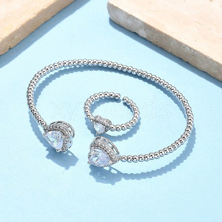 Heart Brass Micro Pave Cubic Zirconia Cuff Bangles & Rings Sets for Women SJEW-R002-05P-03-1