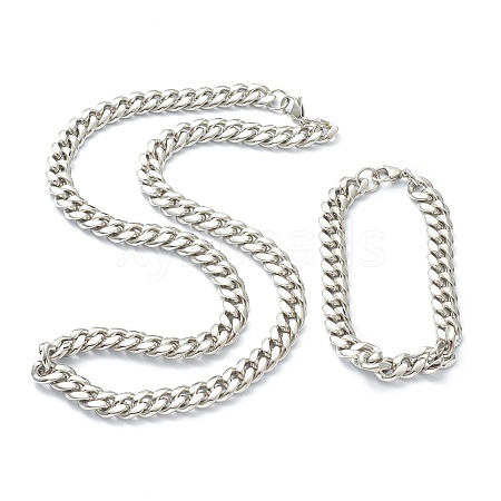 304 Stainless Steel Cuban Link Chain Bracelets & Necklaces Jewelry Sets SJEW-B019-03C-P-1